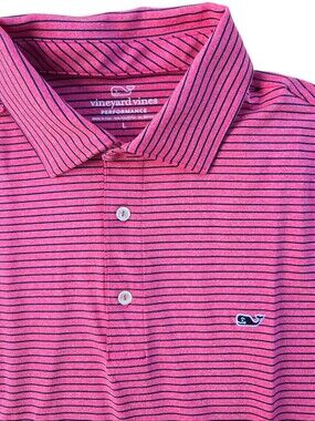 Vineyard Vines Performance Polo Wilson Stripe Rose Pink And Navy Size Large